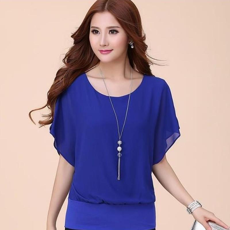 ชีฟองเสื้อสตรี Batwing สตรีแขนสั้นโอเวอร์ไซส์เสื้อเชิ้ตลำลอง Tops ฤดูร้อน Flouncing - INTL