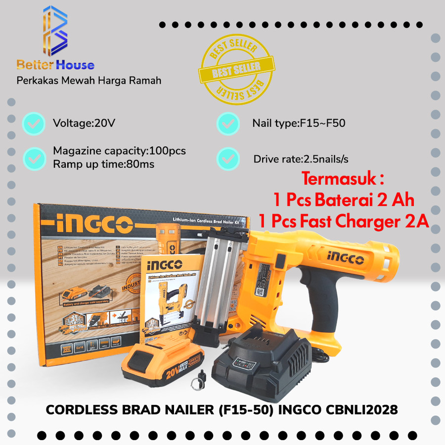 INGCO Cordless Brad Nailer 20V Paku Tembak F15 50 CBNLI2028 BC2A YOG