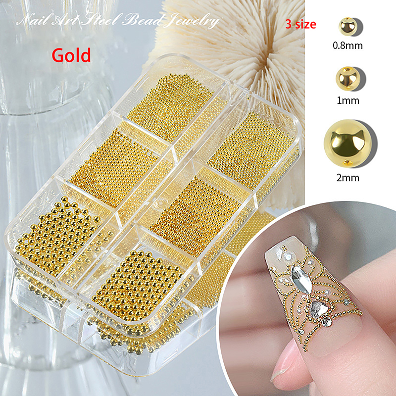 6 Grids/Box Professional Nail Art Stainless Steel Mini Gold and Silver Rose Gold Metal Mini Caviar Nail Beads 3D Decoration