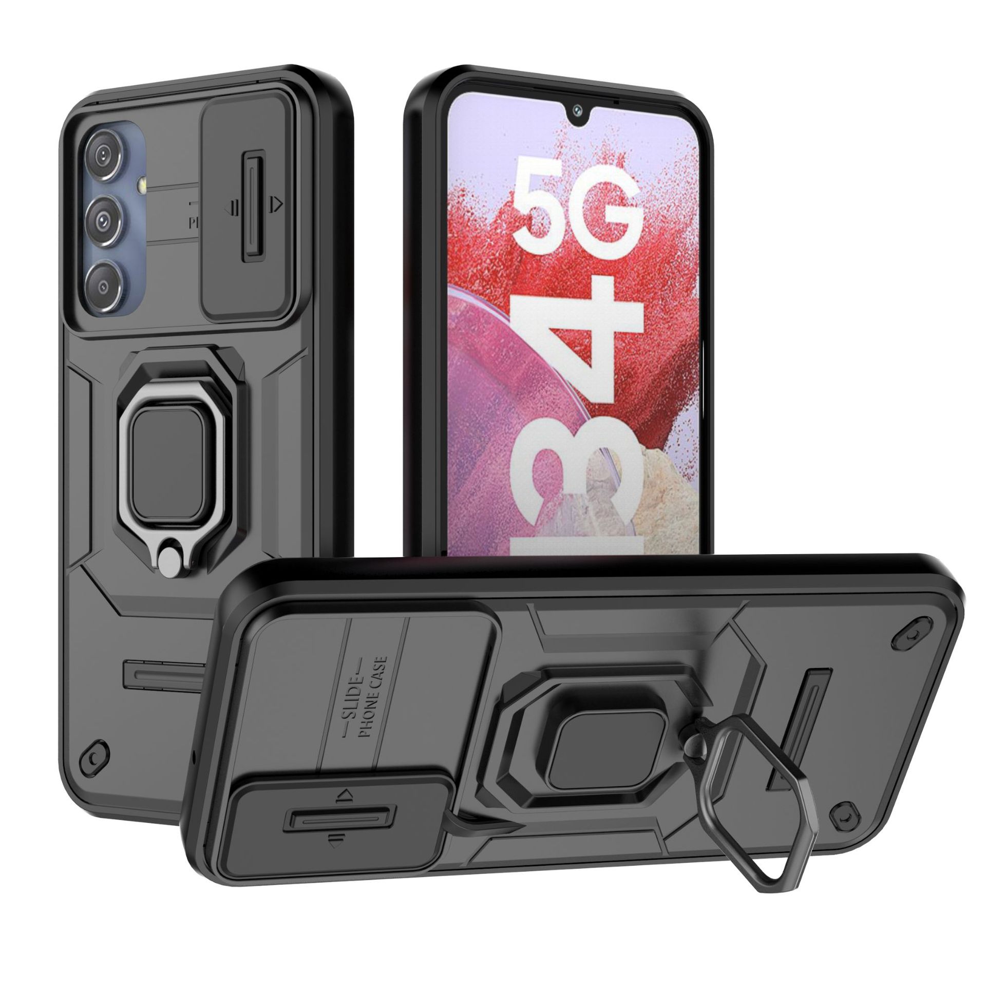 Samsung Galaxy M34 Case with Slide Camera Cover,Rotated Ring Kickstand Military Grade Shockproof Protective Cover