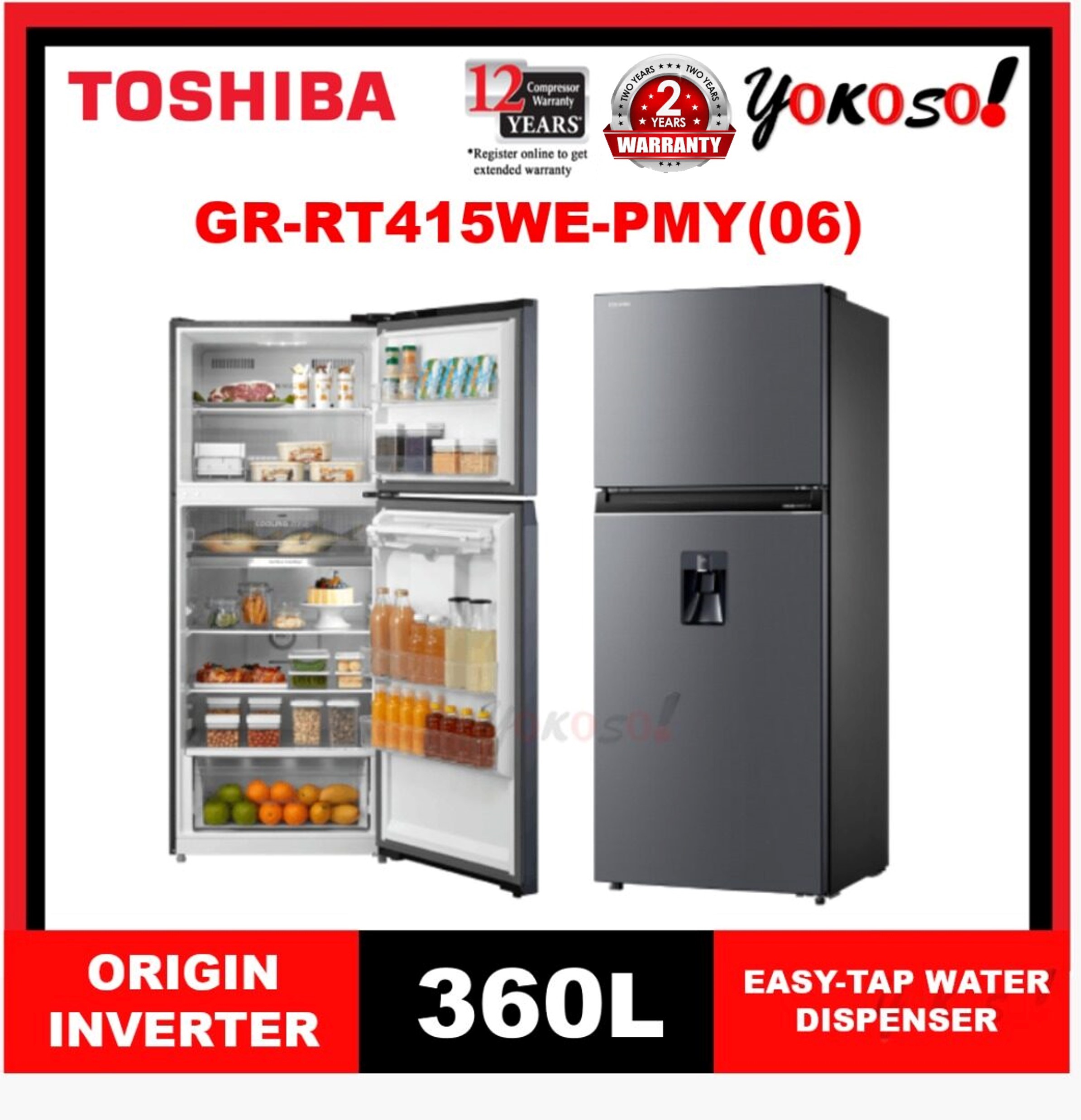 Toshiba GR RT415WE PMY 06 360L Fridge 2 Door Inverter Refrigerator