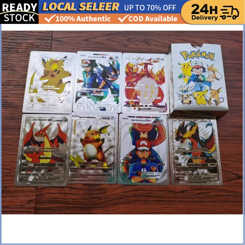 55pcs Metal Gold Silver Pokemon Cards English Charizard Pikachu Trainer