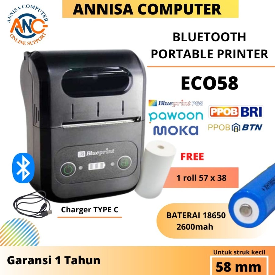 Portable Printer Thermal Mini Bluetooth BLUEPRINT ECO58 Baterai 18650