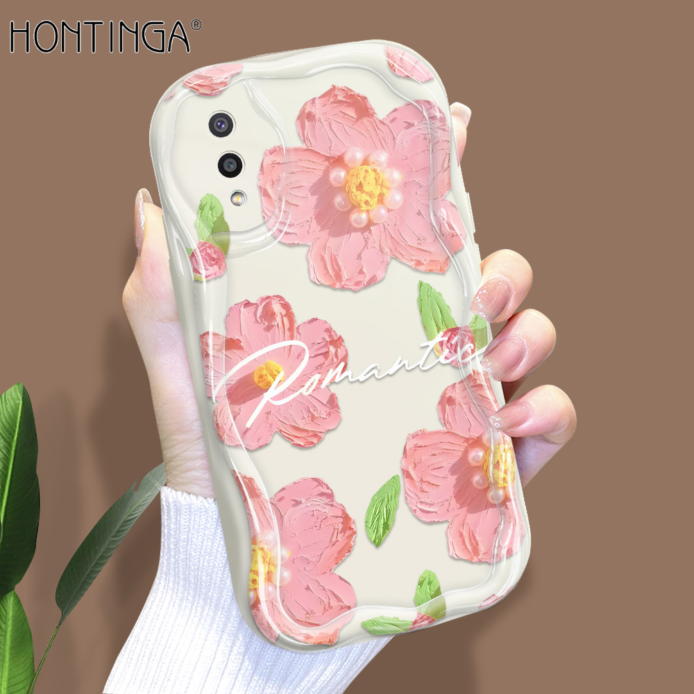 Hontinga for Samsung A02 M02 Back Cover Pink Flowers Phone Case Cream Texture Wavy Edge Soft Mobile Cover