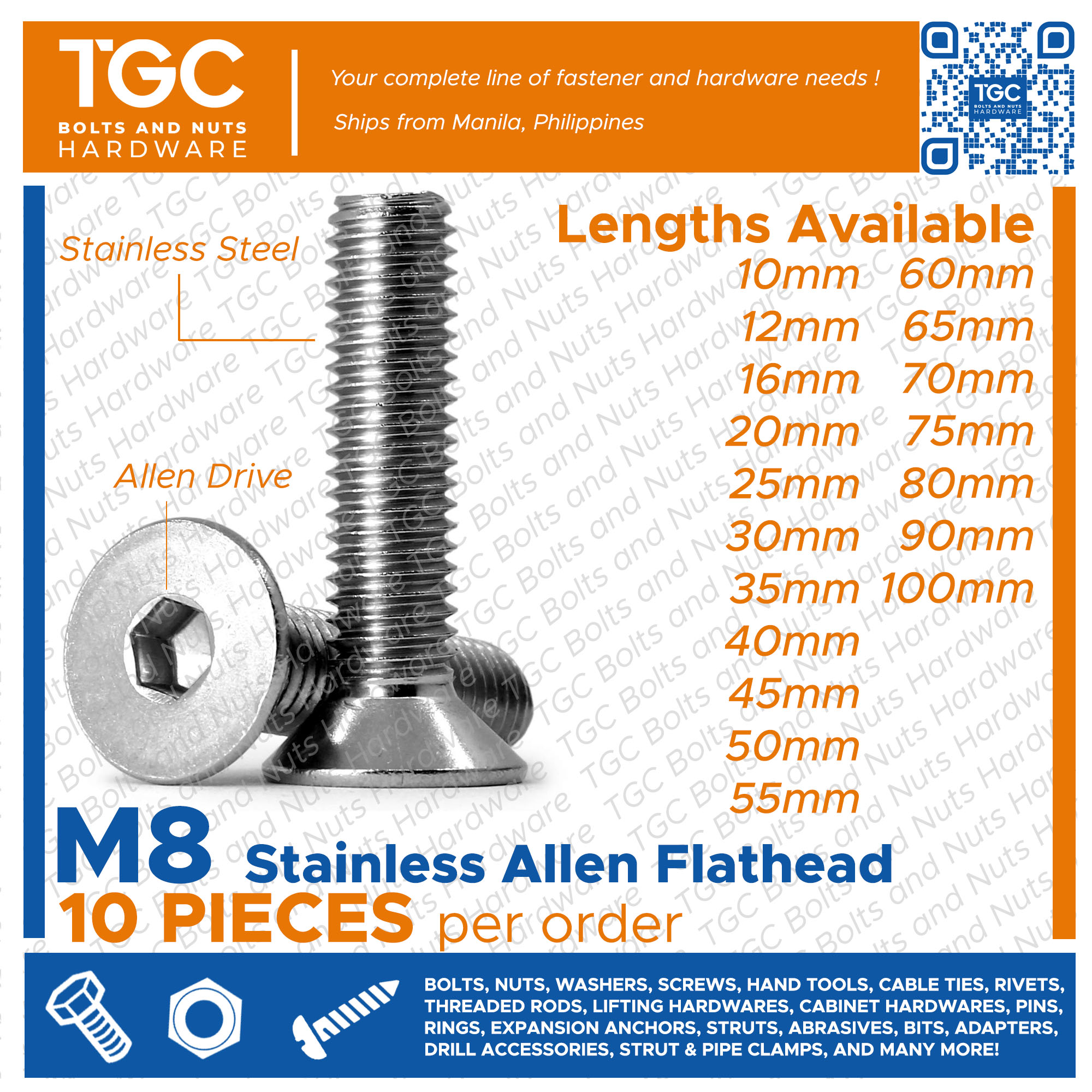 TGC 10PCS SS Allen Flat M8 X 10 100 NC Stainless Countersunk Flathead