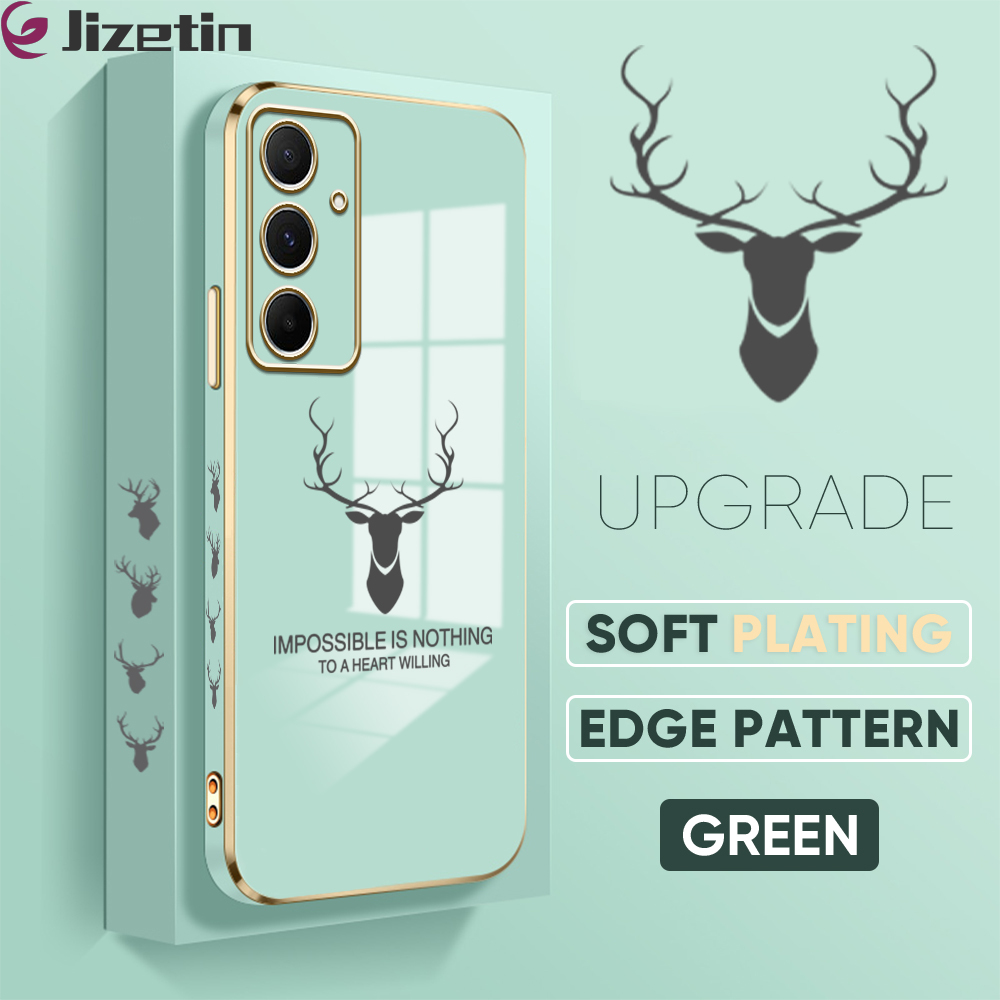 Jizetin (Free Lanyard) for Samsung A55 5G Back Cover Antlers Luxury 6D Plating Case Side Pattern Soft Silicone Square Mobile Phone Cases