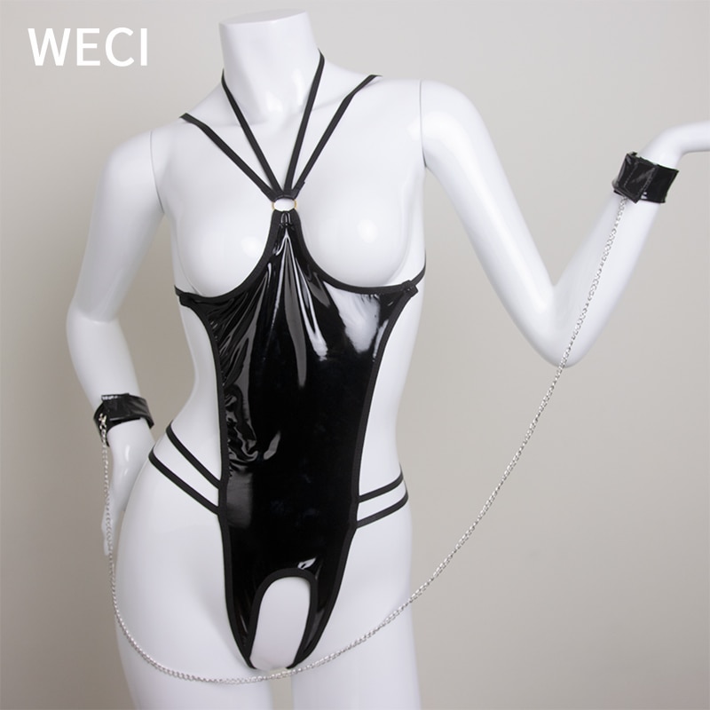 WECI Women Sexy Open Crotch Latex Bodysuit Erotic Leather Lingerie Bdsm