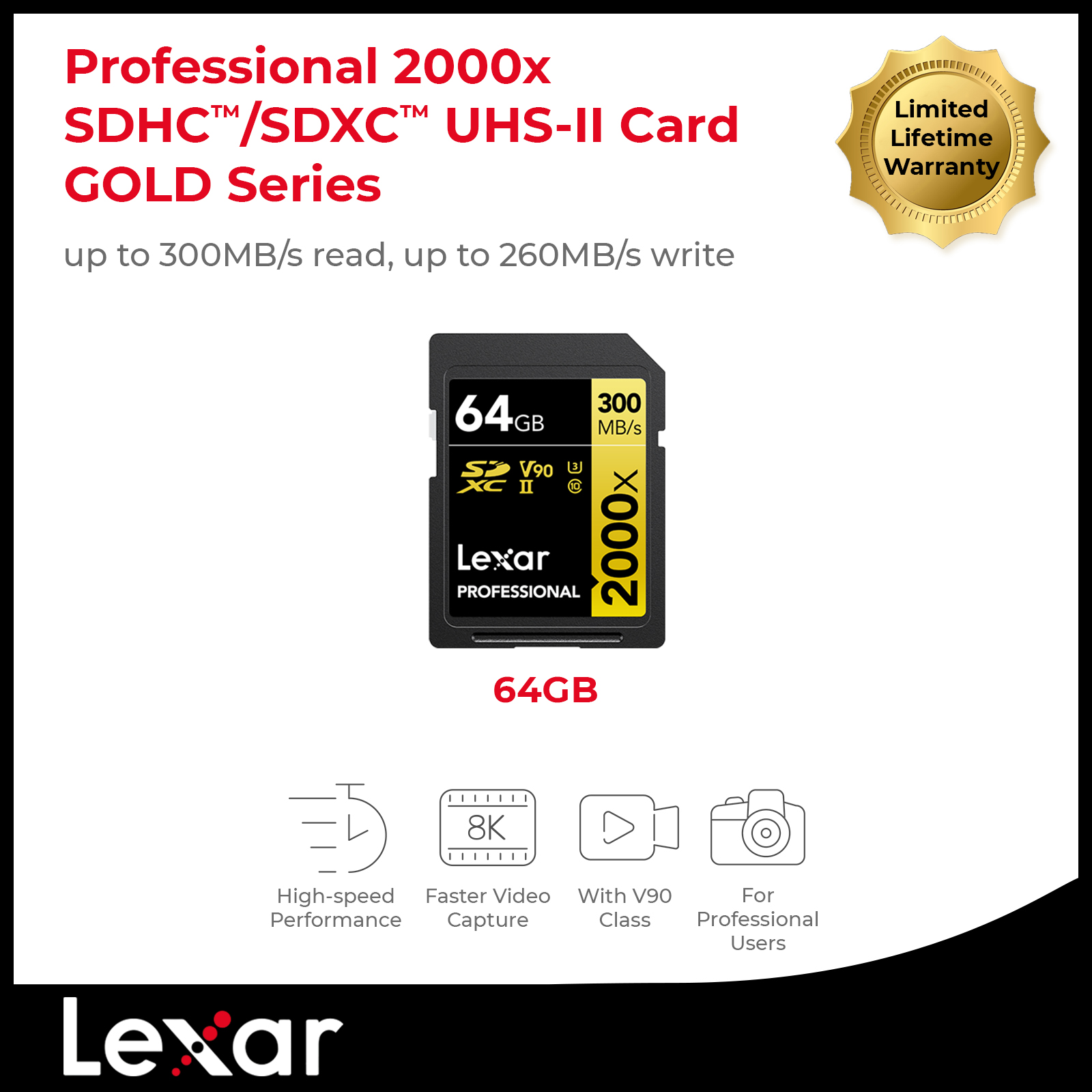 LEXAR Professional 2000x 64GB 128GB 256GB SDXC R300 W260 MB S GOLD