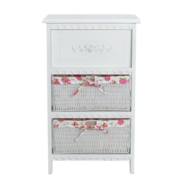 Shabby Chic White Wooden Bedside Table Shelf Drawer With Wicker Storage Basket - intl