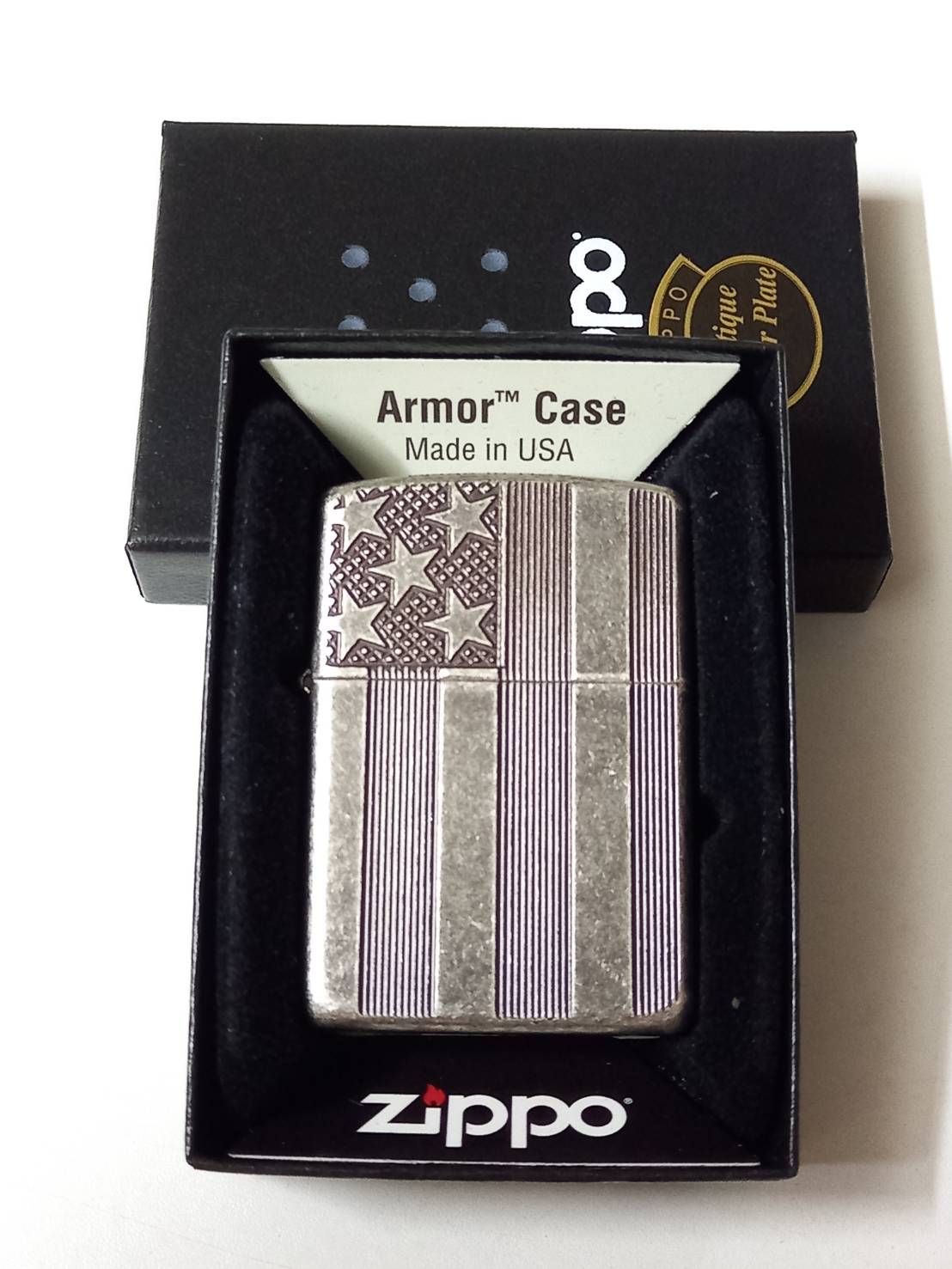 Zippo Armor Case Antique Silver Plate Us Flag