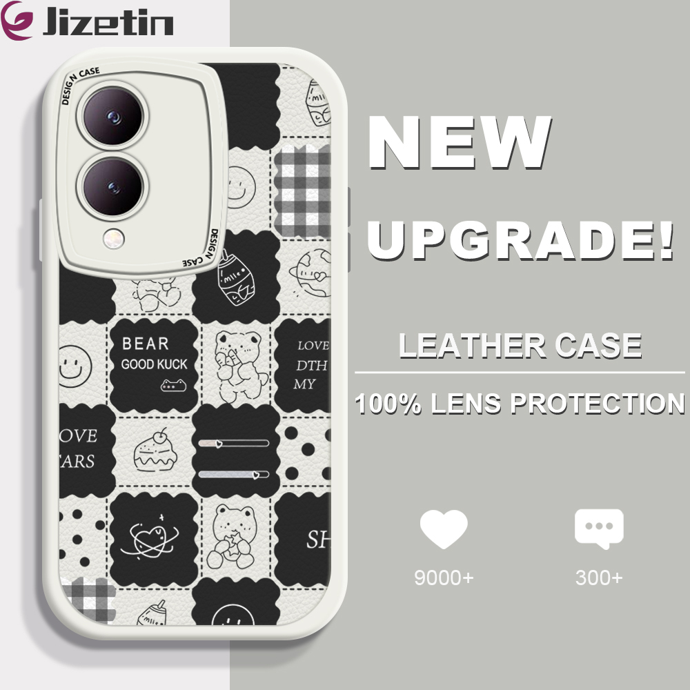 Jizetin for Vivo Y17S Back Cover Bear Daily Activity Lambskin Texture PU Leather Back For Girls Boys Soft Phone Case