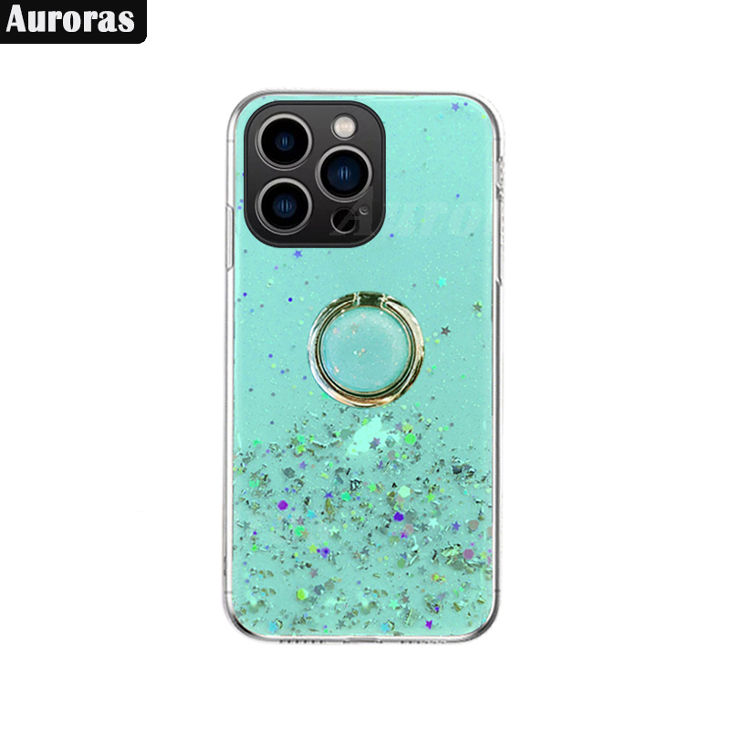 For iPhone 16 Plus Phone Case Soft Glitter Starry Sky Bling Ring Shiny Clear Kickstand Bracket Cover for iPhone 16 Pro Max Cover Casing HP