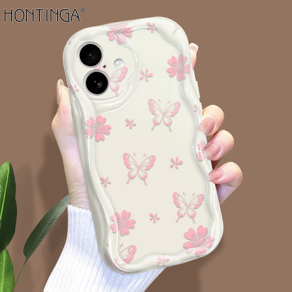 Hontinga for iPhone 16 Pro Max 16 Plus Back Cover Pink Butterfly Flowers Phone Case Cream Texture Wavy Edge Soft Mobile Cover