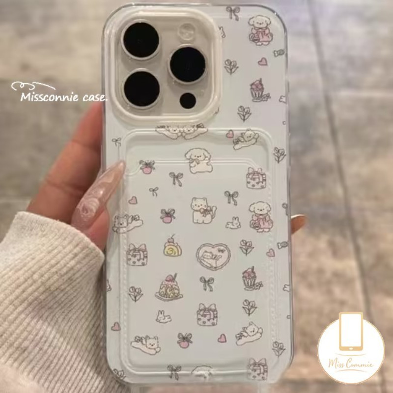 Cute Puppy Flower Soft Tpu Case Compatible for IPhone 16 11 15 13 12 14 Pro Max 7Plus XR X XS Max 15 6S 7 6 8 Plus SE 2020 Double Drawstring Wallet Card Slot Cover