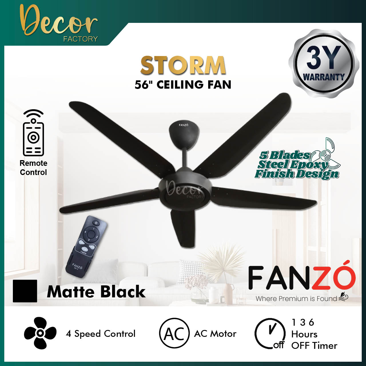 DEKA Fan DEKA DF50S FANZO STORM 56 5 Blades Ceiling Fan AC Motor With