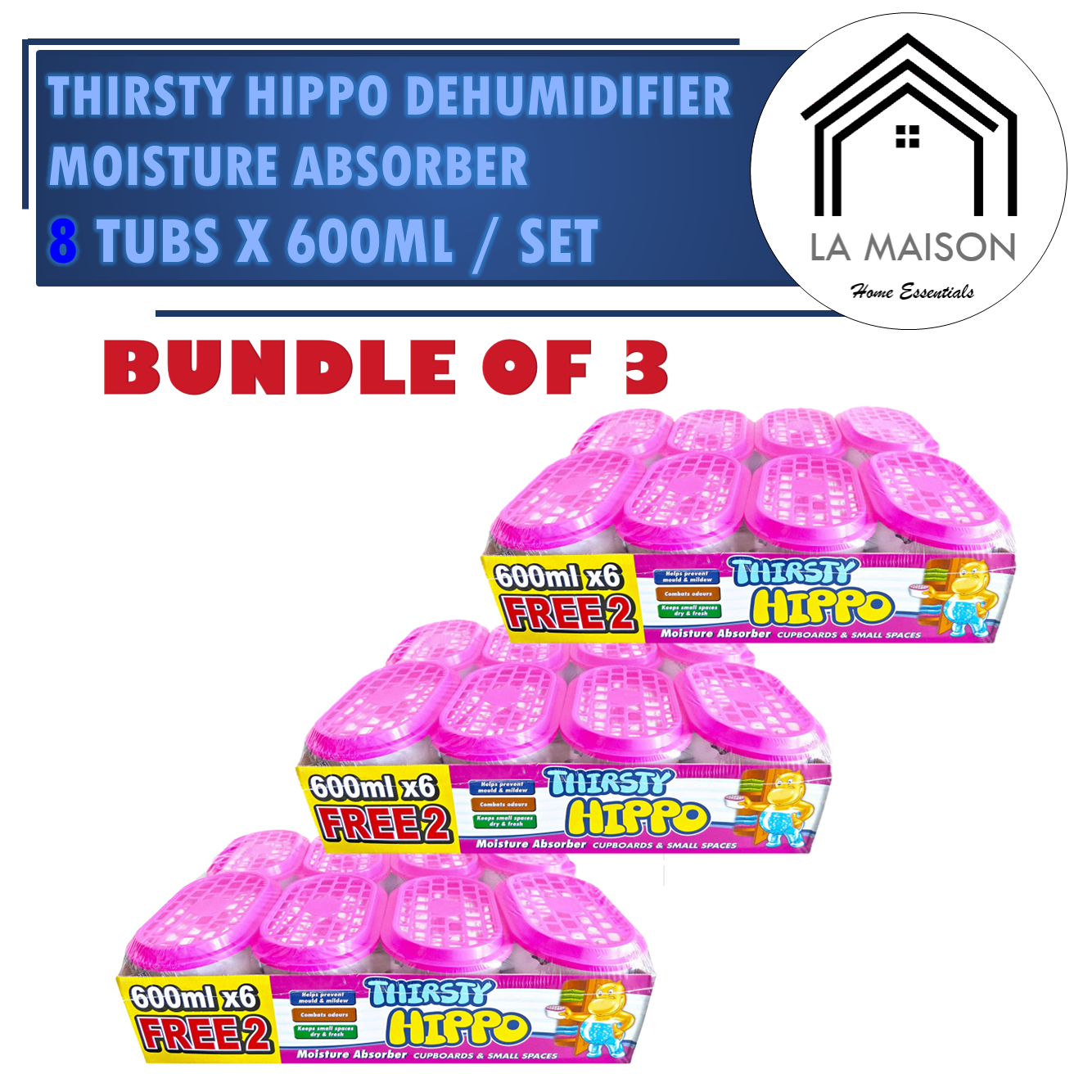 Bundle Of 3 Thirsty Hippo Dehumidifier Moisture Absorber 600ml X 8