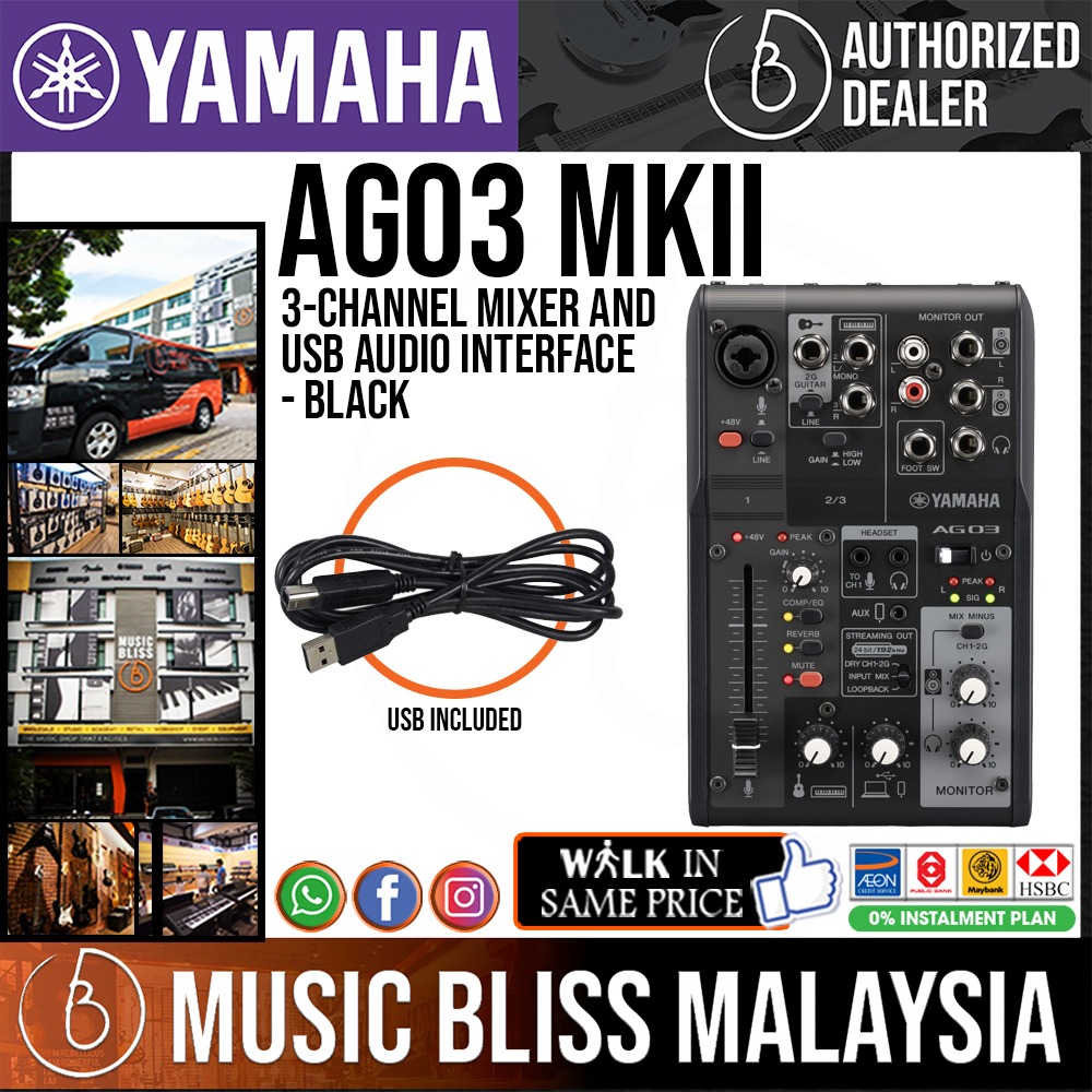 Yamaha AG03 MK2 3 Channel Mixer And USB Audio Interface Black White