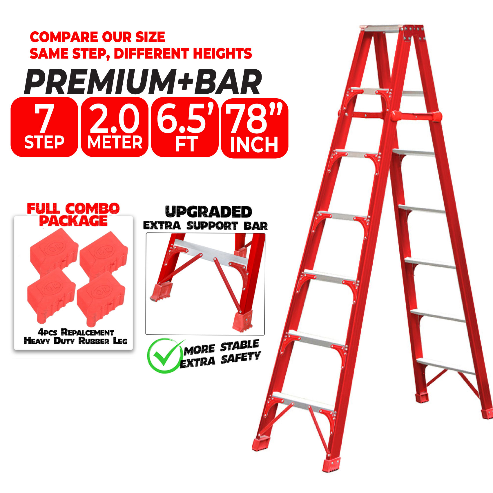 7 STEP Ladderman RED Reinforced Heavy Duty Aluminium Double Sided