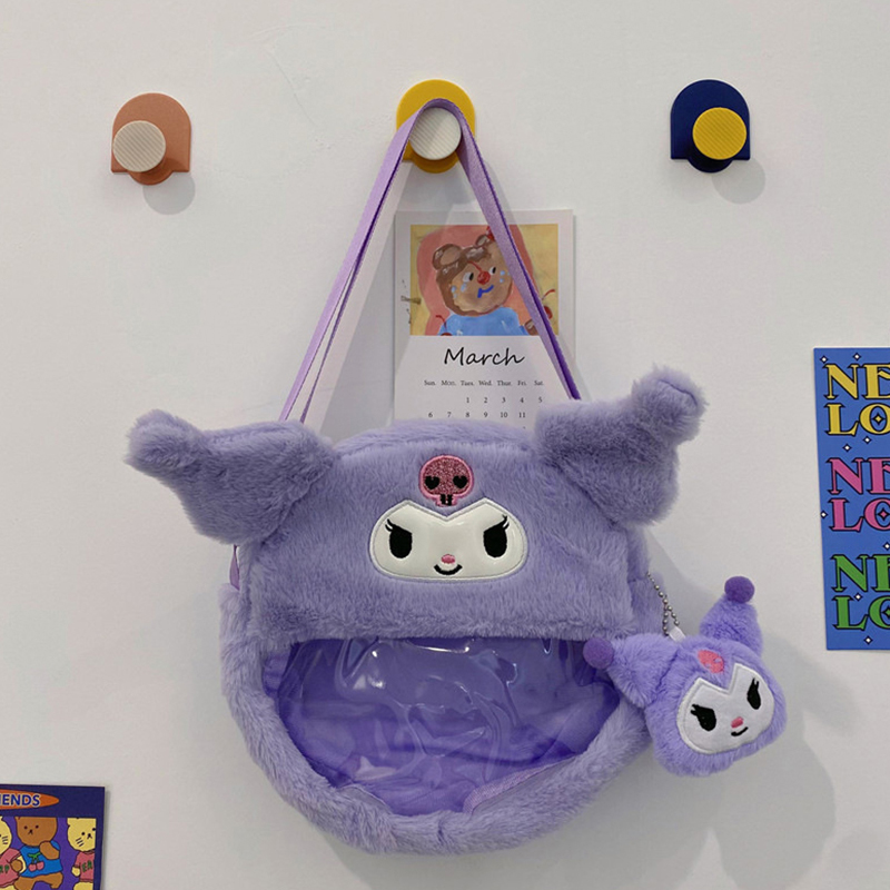 New Sanrio Kawaii Cartoon Kuromi My Melody Hello Kitty Plush PVC Doll Round Bag Transparent Visible Shoulder Hand Crossbody Bag