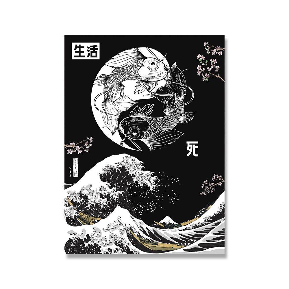 Luyameishop Japan Great Wave Koi Fish Ying Yang Poster Red Sun Canvas