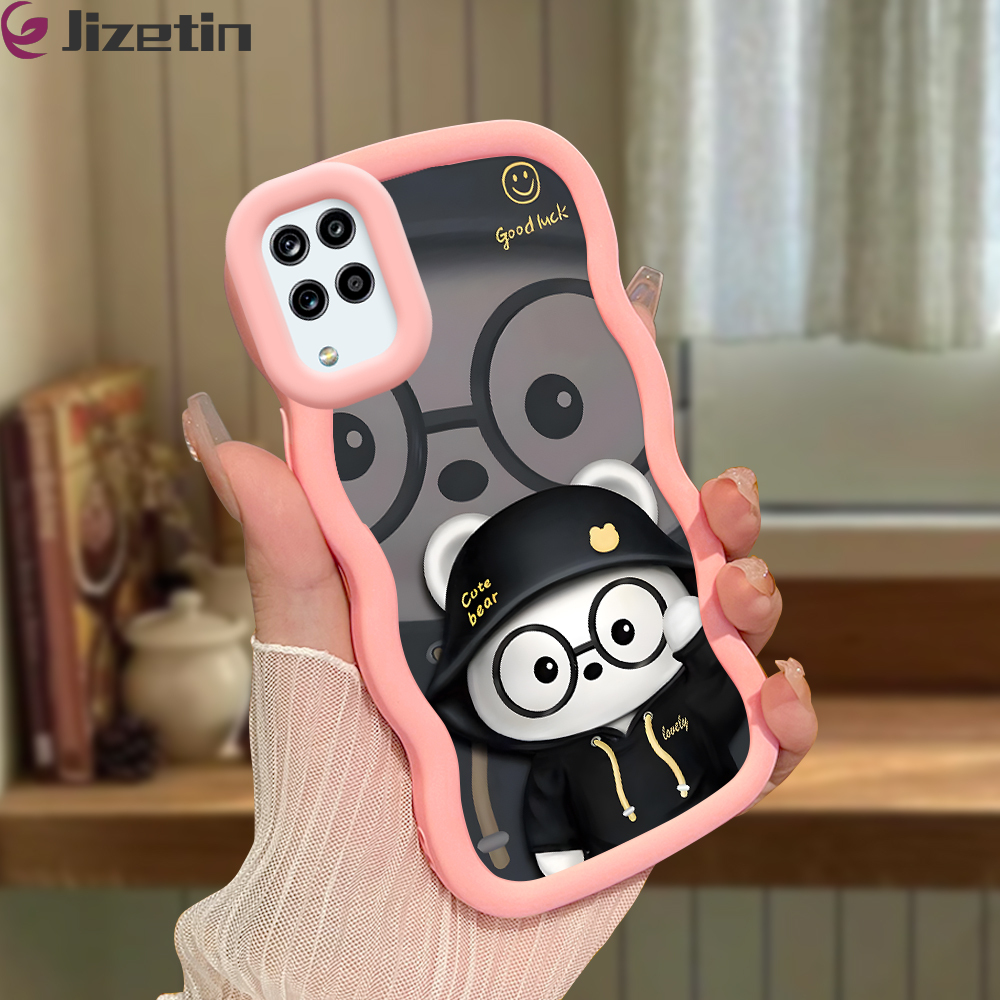 Jizetin for Samsung A12 A12 5G M12 Back Cover Black Clothes Bear Macaron Bright Color Wavy Shape Soft Mobile Phone Cases