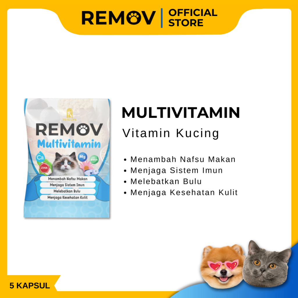 Remov Vitamin Kucing Multivitamin 5 Kapsul Menjaga Imun Melebatkan