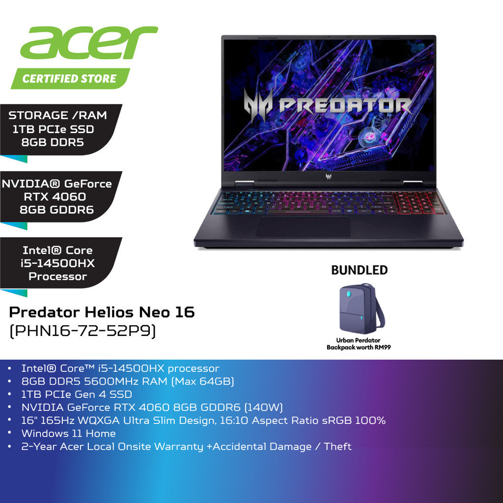 Acer Predator Helios Neo 16 PHN16 72 52P9 16 WQXGA 165Hz Gaming Laptop