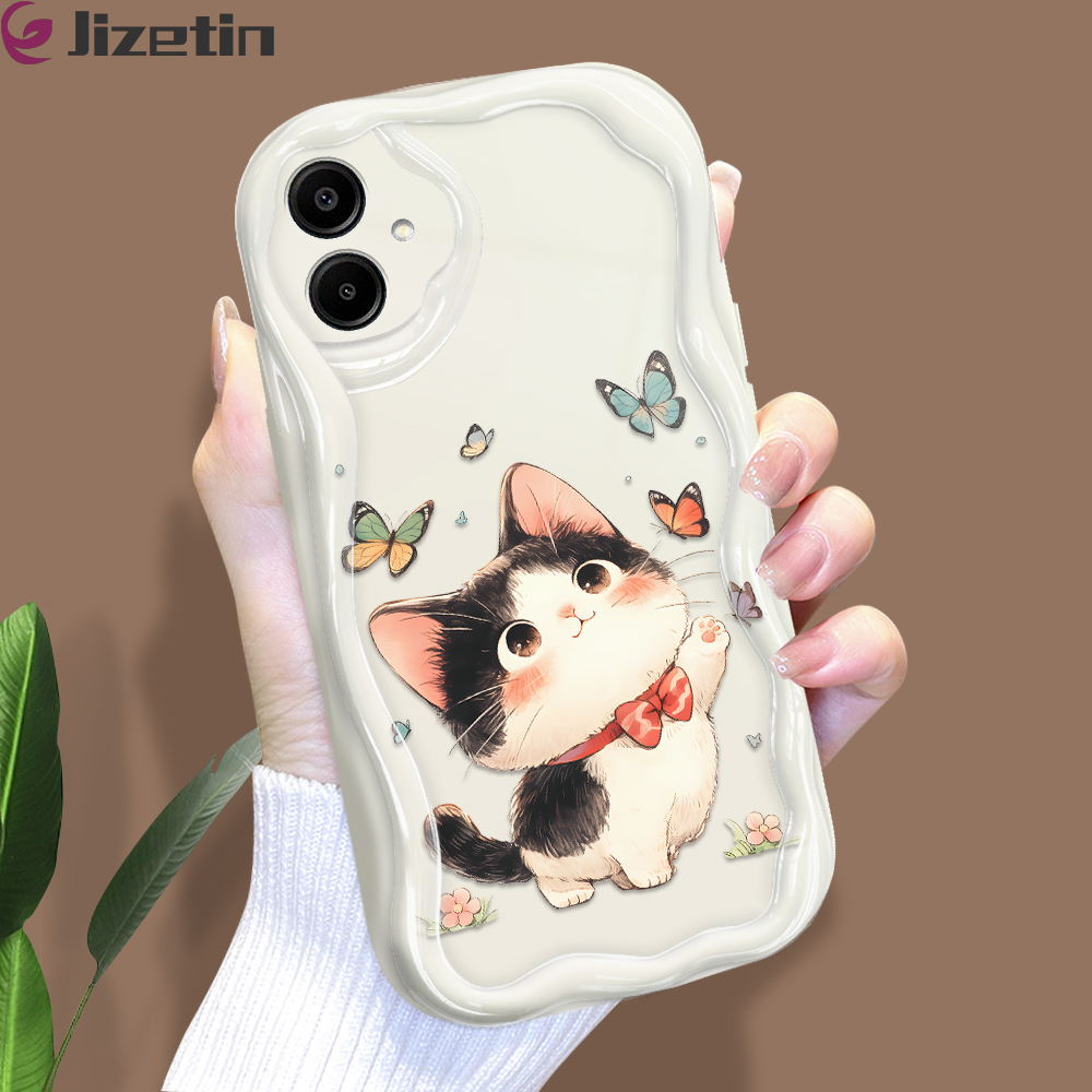 Jizetin for Samsung A06 Back Cover Kitten Playing Butterfly Cream Wavy Edge Soft Silicone Phone Case