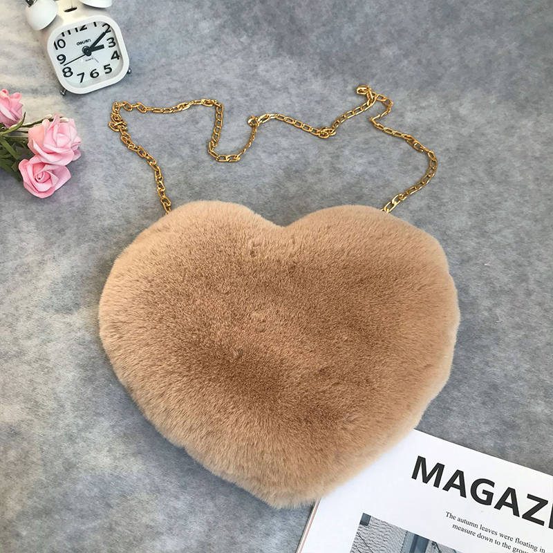 Women's Fashion Cute Heart-Shaped Plush Crossbody Bag Chain Shoulder Bag