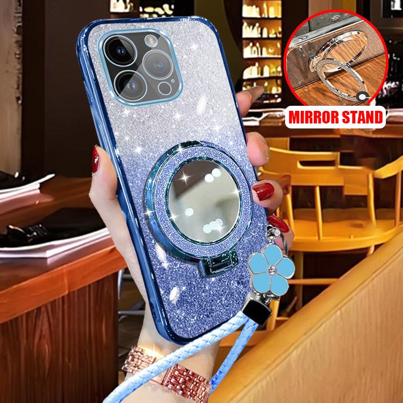 For Infinix Smart 9 8 8 Pro 8 Plus 8 HD Case with Braided Lanyard + Makeup Mirror Stand Luxury Shiny Plating Glitter Girls Phone Cases. 