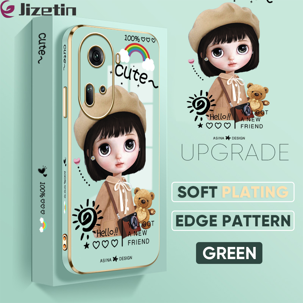 Jizetin (Free Lanyard) for OPPO Reno11 F 5G Reno11 Pro 5G Back Cover Fashion Girl Luxury 6D Plating Case Side Pattern Soft Silicone Square Mobile Phone Cases