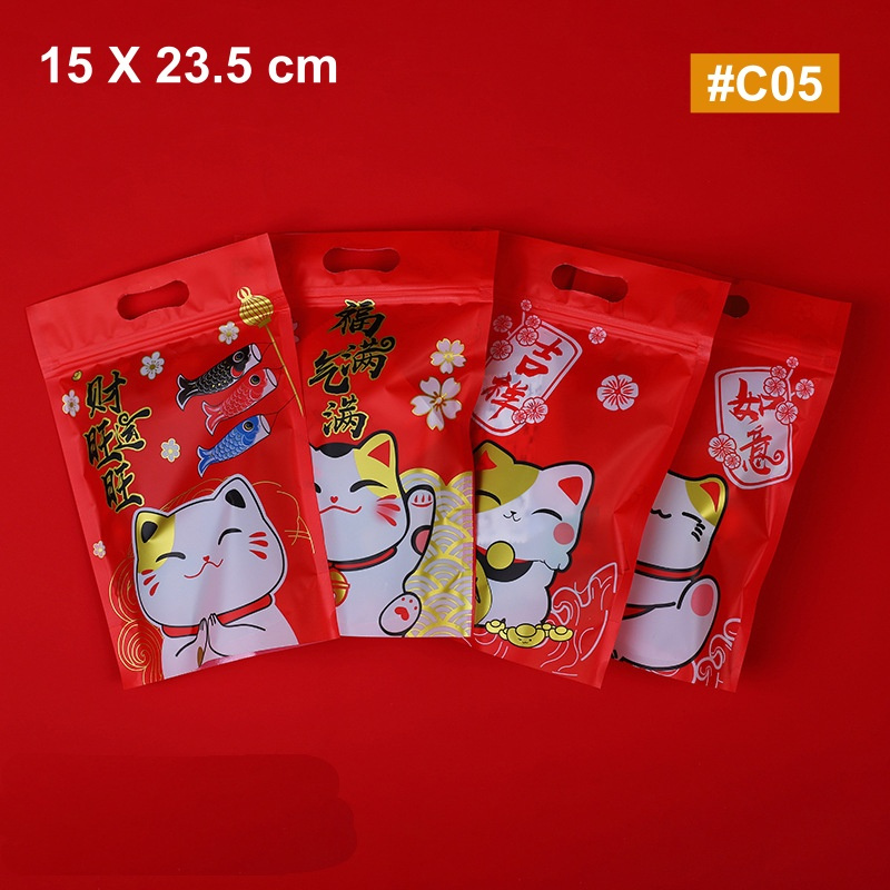 AiGooTan PLASTIK POUCH CAT Kemasan Klip Karakter Imlek CNY Ziplock