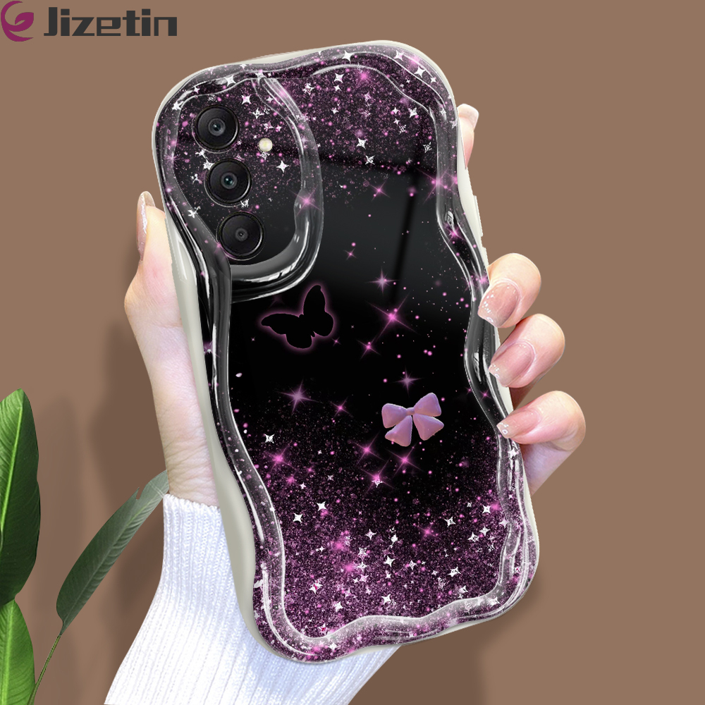 Jizetin for Samsung A25 5G Back Cover Pink Purple Glitter Cream Wavy Edge Soft Silicone Phone Case