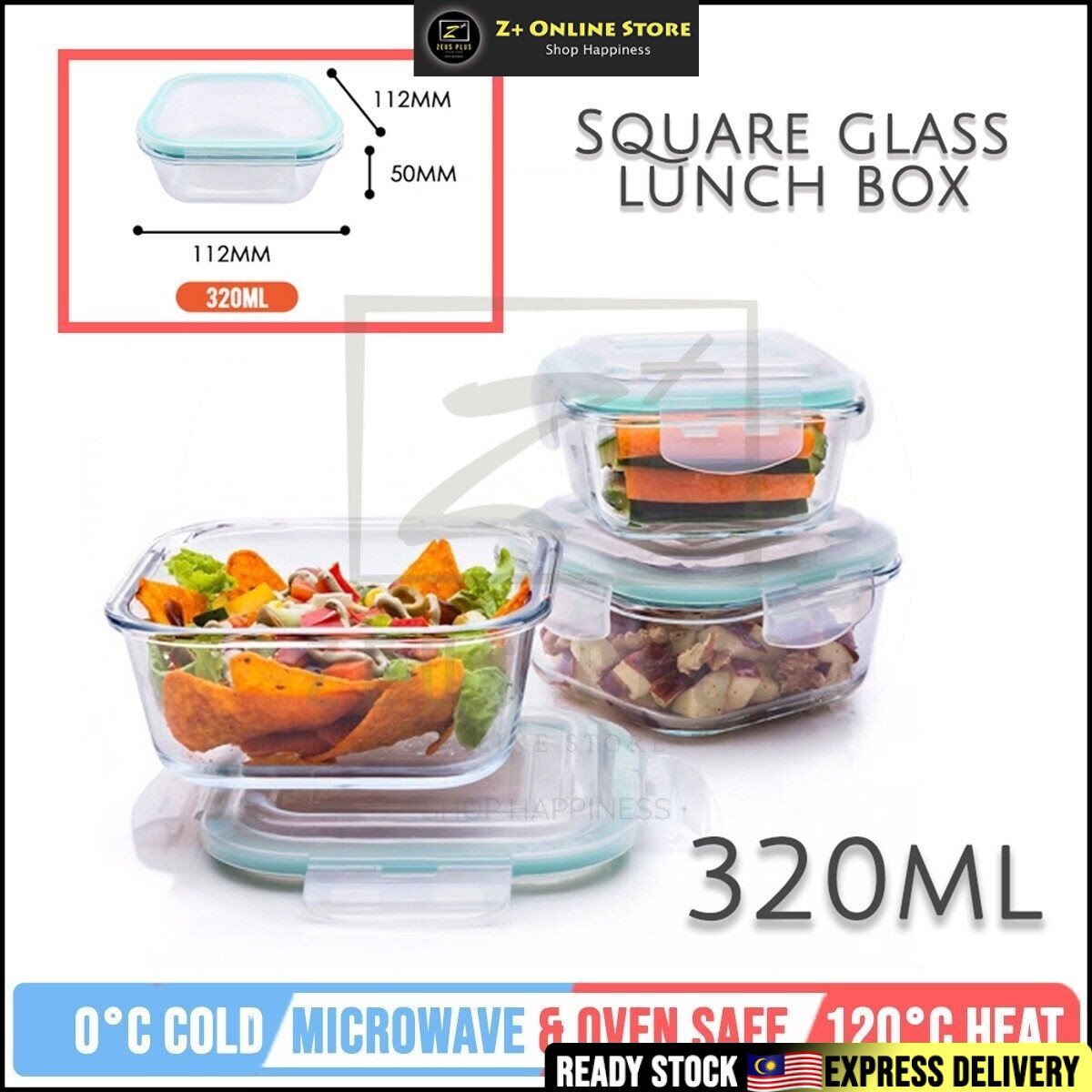 Z Plus Square Glass Lunch Box Glass Food Container Oven Microwave Safe