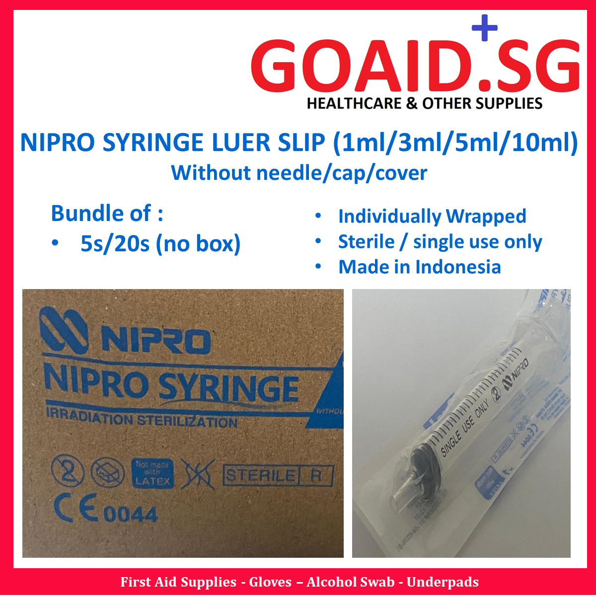 Sterile Nipro Syringe Luer Slip Ml Ml Ml Ml Without Needle Cover