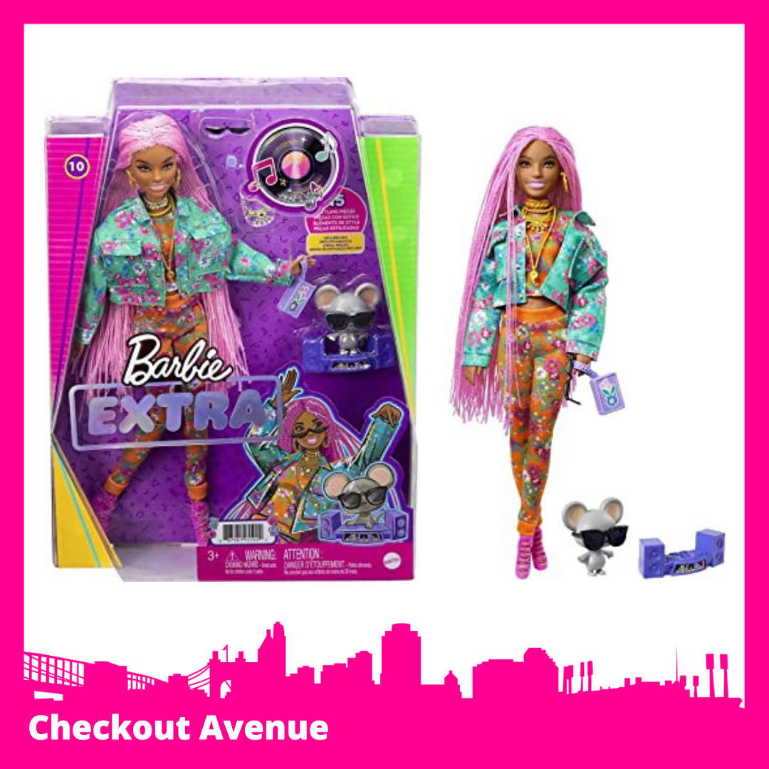 Barbie Extra Doll In Floral Print Jacket Jogger Set With Dj Mouse