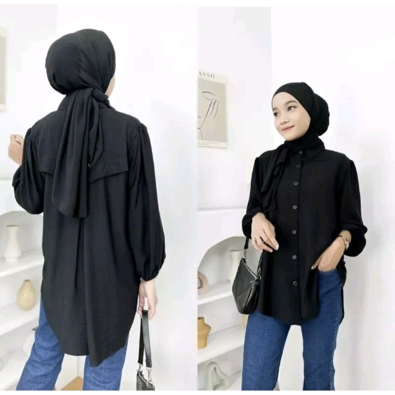 LAURA Blouse Polo Linen Variasi Kancing Belakang Atasan Blouse Wanita