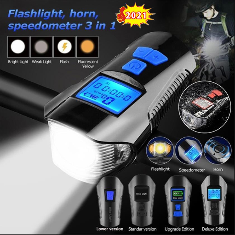 USB Rechargeable LED Bicycle Headlight Bike Front Rear Light w/ Horn Speedometer