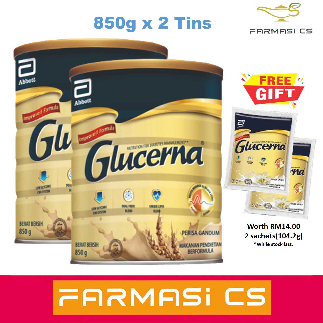 Abbott Glucerna Wheat Flavour 850g 800g X 2 Tins Free 2 Sachets Of