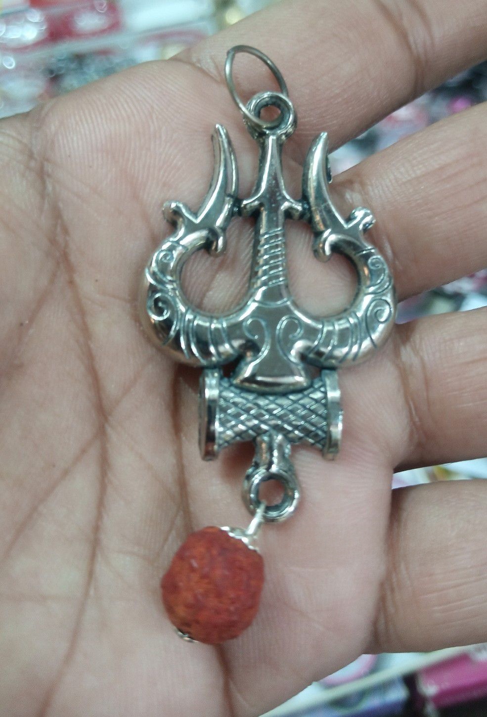 Silver Plated Oxydised Trishul Damru 5 Mukhi Rudraksha Locket Or Trishul Damru Rudraksha Pendant for Men and Women - 1 ps