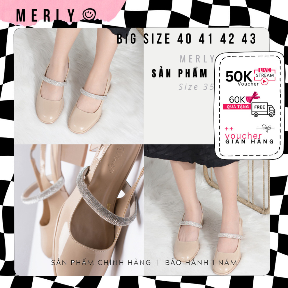 Giày Cao Gót Quai Ngang Đính Đá Nữ 5cm Merly 1527 Đen Trắng Nude Đỏ