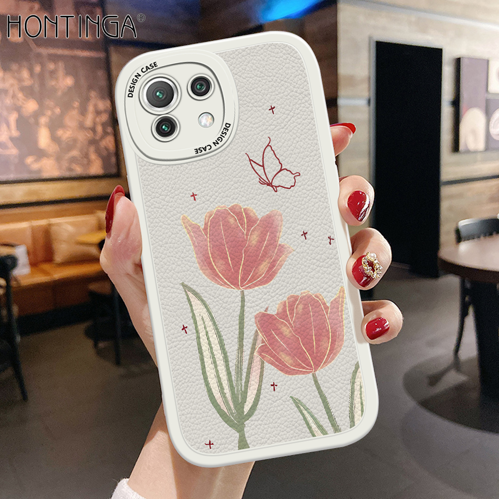 Hontinga for Xiaomi 11 Lite 4G 5G 11 Lite 5G NE Back Cover PU Leather Pink Flowers Phone Case Soft Silicone Edge Mobile Cover