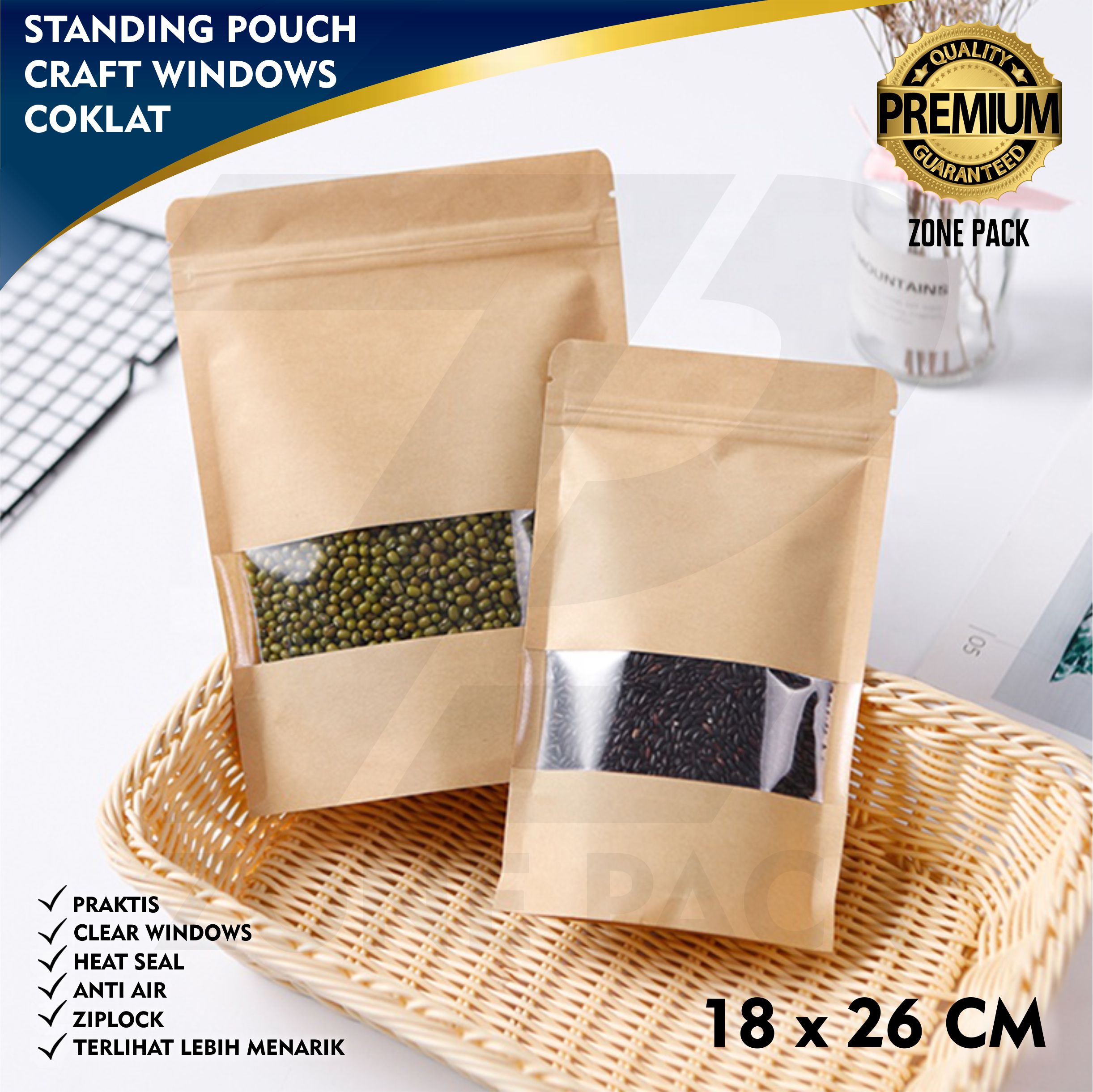 18x26 Cm 50 Pcs Standing Pouch Craft Windows Warna Coklat I Kemasan