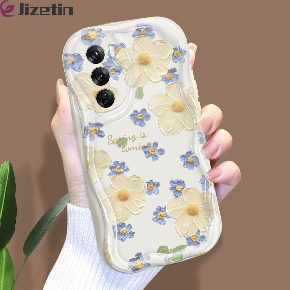 Jizetin for OPPO Reno12 F F27 5G Reno12 Pro Back Cover Spring Flowers Cream Wavy Edge Soft Silicone Phone Case