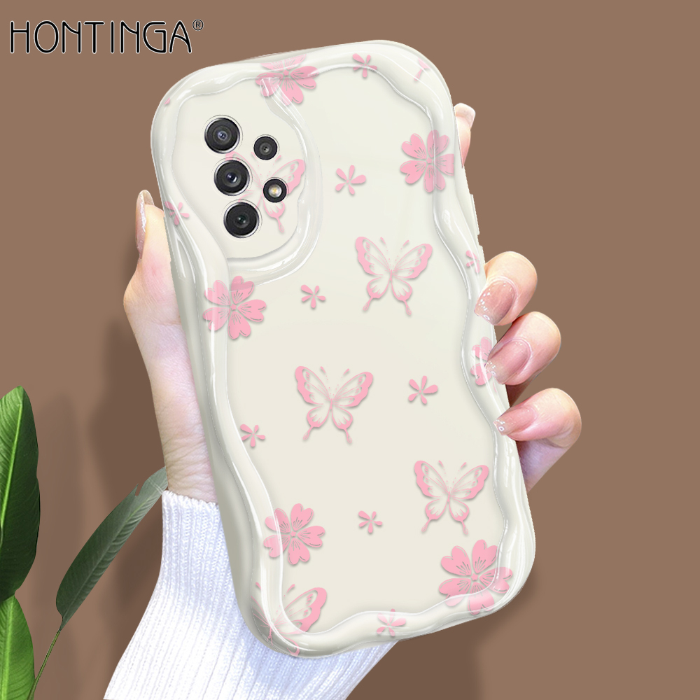 Hontinga for Samsung A72 4G 5G Back Cover Pink Butterfly Flowers Phone Case Cream Texture Wavy Edge Soft Mobile Cover