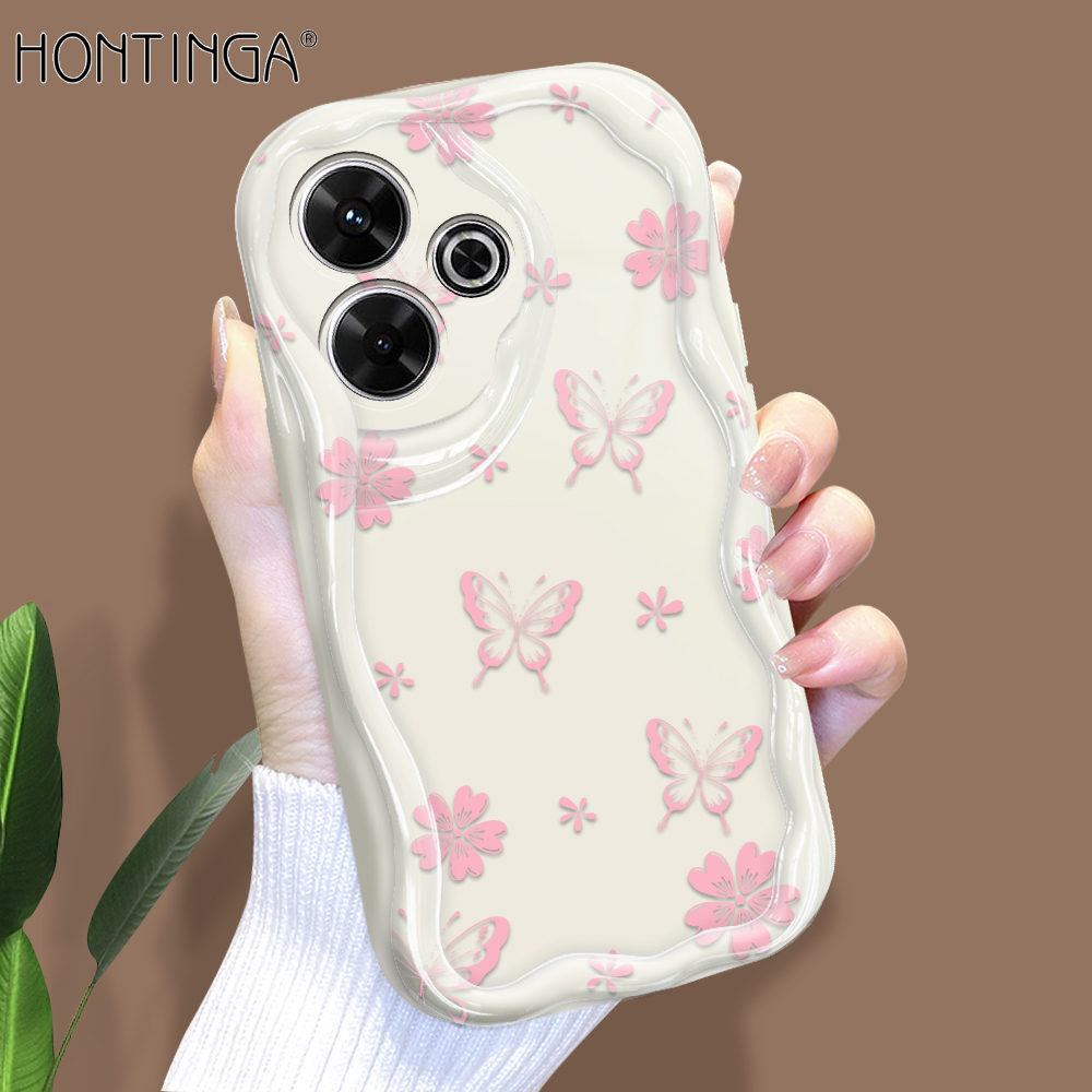 Hontinga for Redmi 13 Xiaomi Poco M6 4G Back Cover Pink Butterfly Flowers Cream Texture Phone Case Wavy Edge Soft Silicone Cover