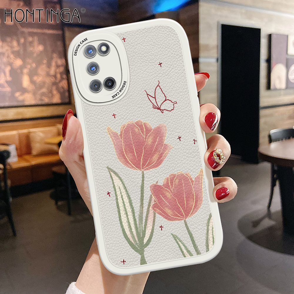 Hontinga for OPPO A92 A52 Back Cover PU Leather Pink Flowers Phone Case Soft Silicone Edge Mobile Cover