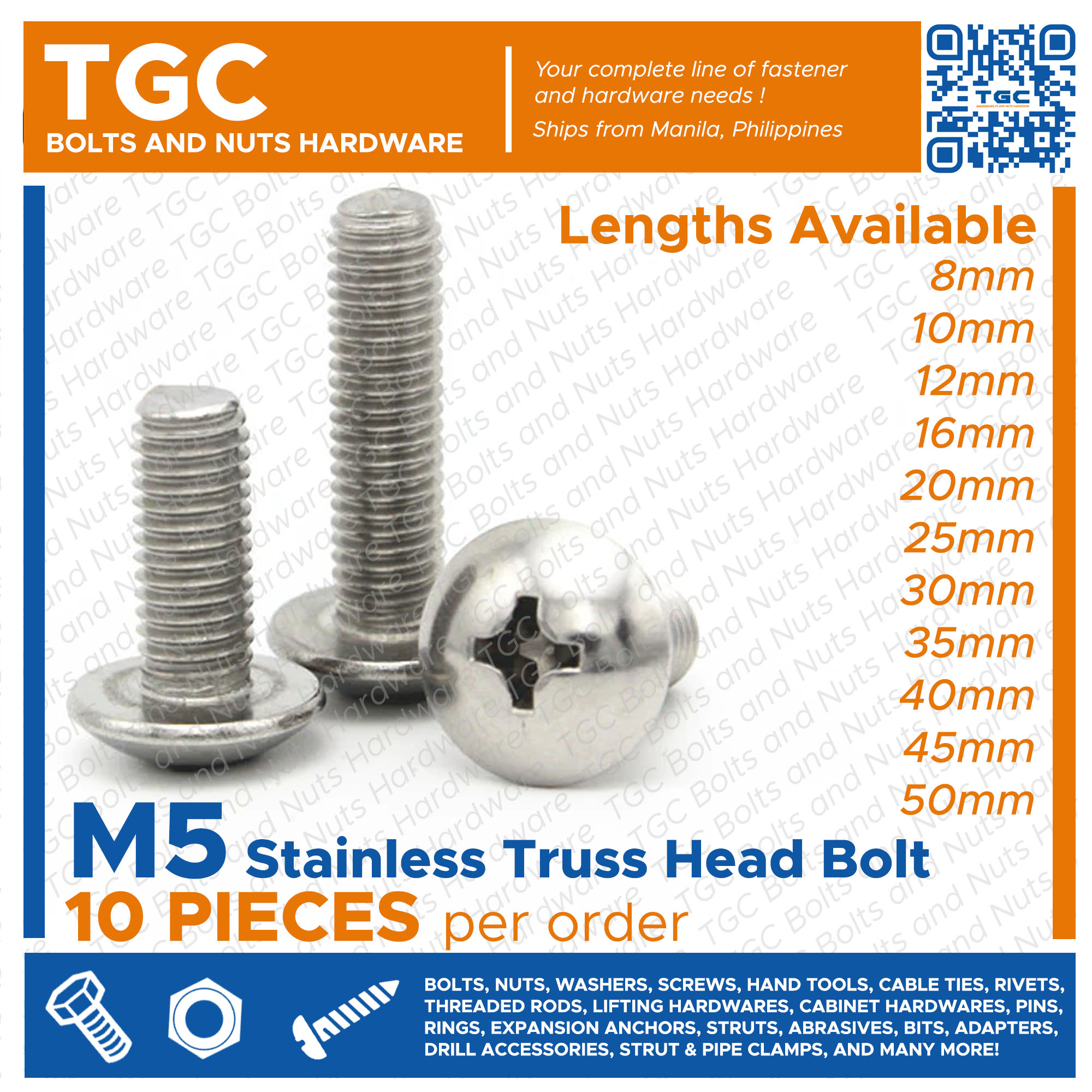 10PCS Stainless SS Truss Head Bolt M 5 X 8 10 12 16 20 25 30 35 40 45