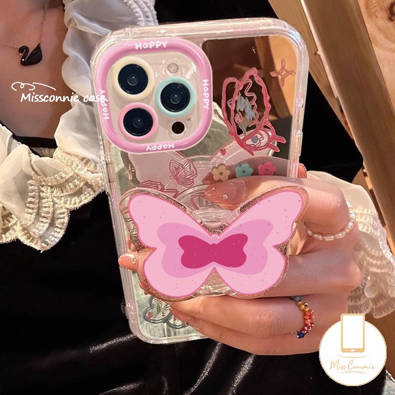 Cartoon Butterfly Stand with Cute Rose Colored Flower Painting Case Compatible for Realme C67 C20A C65 Note 50 C25 C11 C15 C20 C51 C53 C25s Narzo 30A 20 N53 Pro Luxury Mirror Box