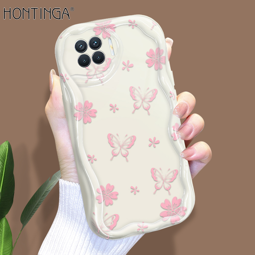Hontinga for OPPO F17 Pro A93 2020 Back Cover Pink Butterfly Flowers Phone Case Cream Texture Wavy Edge Soft Mobile Cover